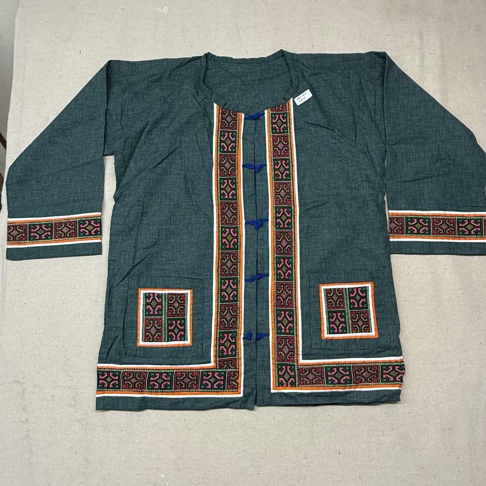 Vintage Thai Hmong Hill Tribe Embroidered Cotton Jacket Green Boho Toggle L